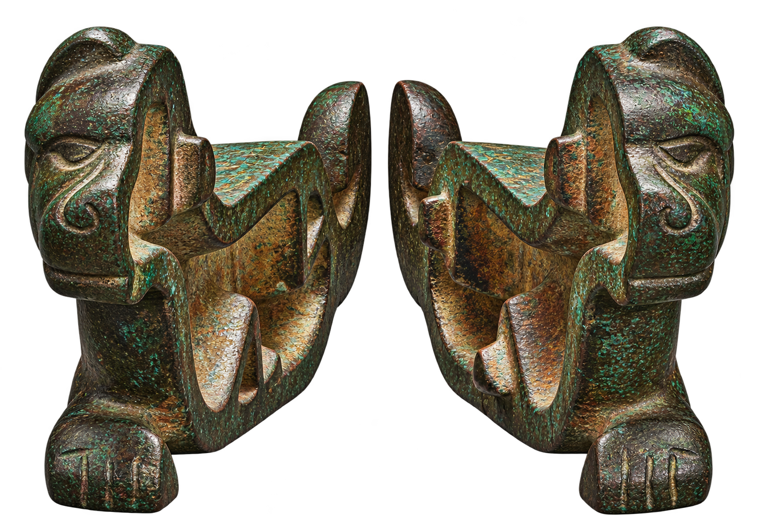 COPPER TIGER: paired copper tiger figures with green patina